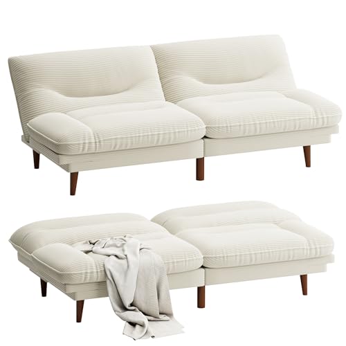 Homall Futon Sofa Bed, Modern Loveseat Futon Couch with Adjustable Backrest and Armrests, Sleeper Sofa Bed with Wood Frame for Living Room, Office, Apartment (Corduroy, White) Homall
