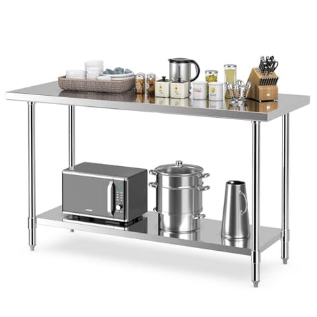 Goplus Stainless Steel Table, 60 x 24 Inches Kitchen Prep Table Work Table with Height Adjustable Under Shelf, Footpads, 900LBS Capacity, Food Prep Goplus