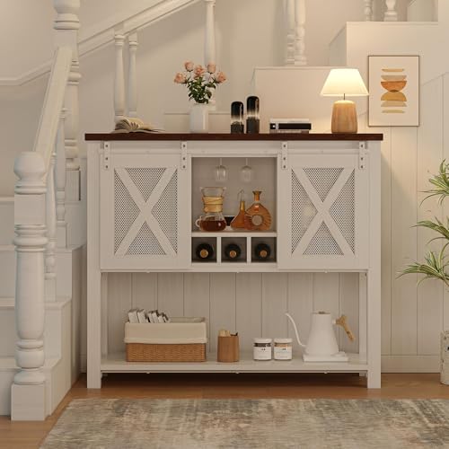 GAOMON Coffee Bar Cabinet, Farmhouse Sideboard Buffet Cabinet with Sliding Barn Doors, Wine Racks, Open Storage Shelf, for Kitchen, Dining Room, Entryway, White - WoodArtSupply