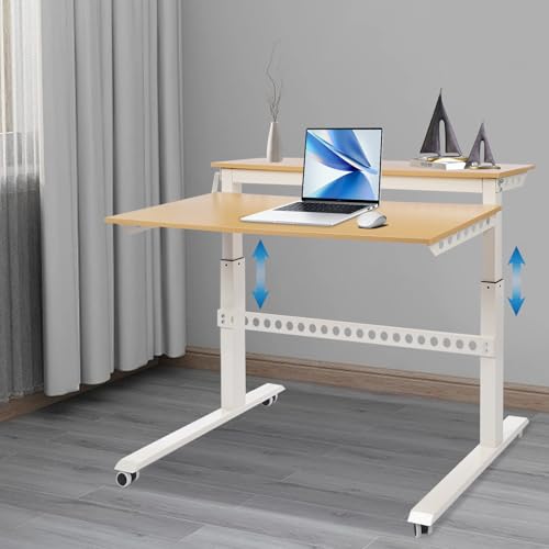 Ongniong 2 Tier Standing Rolling Desk Adjustable Height 47" Wide Manual Crank Mobile Standing Desk with Steel Frame Portable Stand up Desk Double Level Workstation 66.14lbs Weight Capacity Ongniong