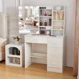 Teousev Vanity Desk with Lighting and Mirror,Small Vanity with 4 Drawers 6 Storage Shelves 3 Lighting Colors for Gilrs Vanity,White,31.5" L*14.2" W*51.2" H Teousev