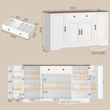 Brinlawb Buffet Cabinet with Storage & Charging Station, 53" Farmhouse Coffee Cabinet with Compartment Drawer, Sideboard Cabinets with Door and Adjustable Shelves for Kitchen, White Brinlawb