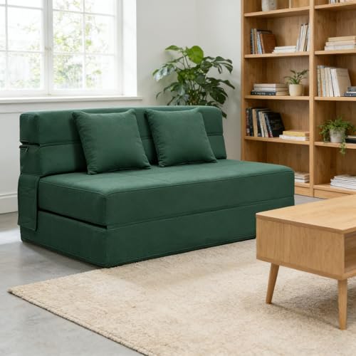 ANONER Fold Out Couch Bed Memory Foam Sleeper Chair with 2 Pillows, Queen Size Futon Couch Guest Convertible Chair Bed, Washable Cover, Dark Green ANONER