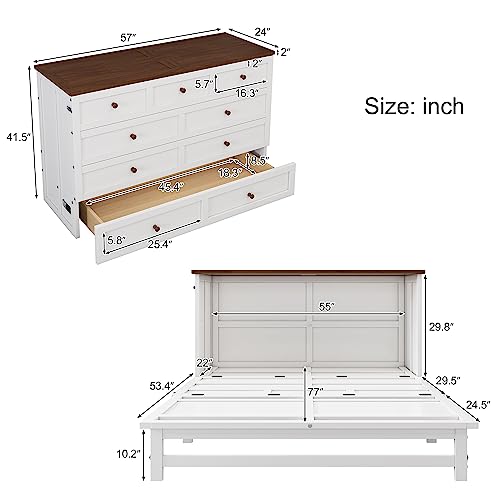 Full Size Solid Pine Murphy Bed Chest with Charging Station and Large Storage Drawe,Folding Feature Perfect for Home Office or Small Room. Brabrety