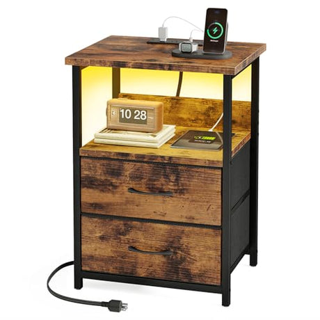 Fixwal Night Stand with Charging Station, LED Nightstand with U-S-B Ports and Outlets, 2 Fabric Storage Drawers with PU Finish, Bedside Table, Rustic Brown Fixwal