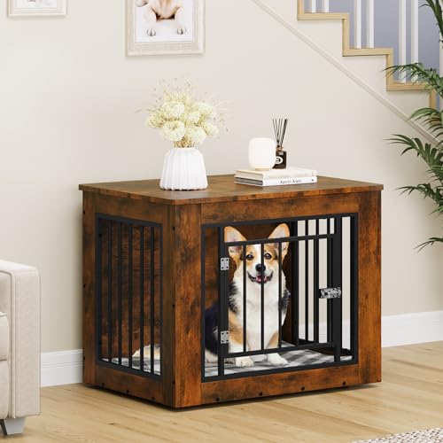 YITAHOME Dog Crate Furniture for Medium Dogs, Side End Table, Modern Dogs Kennel Indoor up to 35 lb, 2-in-1 Iron-Wood Fusion Dog Cage with Waterproof Top, Safety Corners,Steel Lock,30"L, Rustic Brown