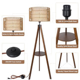 LAMSU Boho Tripod Floor Lamp with Shelves, Mid Century Wood Standing Lamp with Rattan & Fabric Shades, ON/Off Foot Switch, Modern Farmhouse Tall Floor Lamps for Living Room Bedroom Office LAMSU