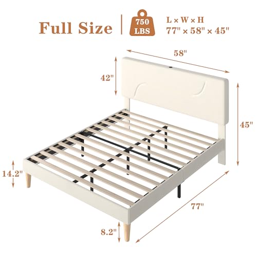 VECELO Full Size Bed Frame with LED Lights, Upholstered Velvet Headboard with Charging Station, Metal and Wood Slats, No Box Spring Needed, Noise Free, Beige VECELO