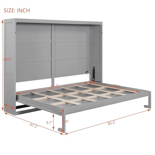 FUvellamo Queen Size Murphy Bed with LED Lights, Wood Space-Saving Hidden Folding Bed Chest, Wall Bed Frame for Small Space, Gray FUvellamo