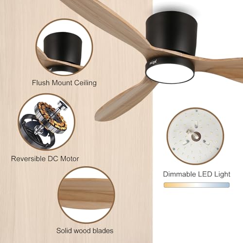 reiga 52" Natural Wood Ceiling Fan with Light and Remote, 3 Blade Flush Mount Low Profile Ceiling Fan for Bedrooom Living Room, Quiet DC Motor reiga
