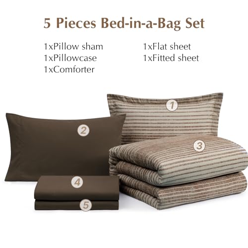 AMBERSPACE Twin XL Comforter Set Striped, Chocolate Brown Bedding Set 5 Pieces for Boys Girls Teen, All Season Bed in a Bag for Dorm with Sheets, Pillowcase & Sham AMBERSPACE