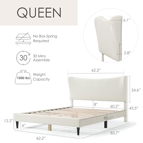 Vivienne Contemporary Boucle Fabric Queen Size Platform Bed Frame with Adjustable Curved Headboard and Solid Wood Legs - White - WoodArtSupply