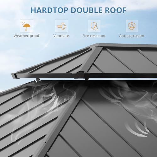 LUE BONA 12x14 Hardtop Gazebo, Galvanized Steel Double Roof Permanent Gazebo Pavilion with Aluminum Frame, Outdoor Metal Gazebo Canopy with Nettings and Curtains for Deck, Patio, Backyard LUE BONA