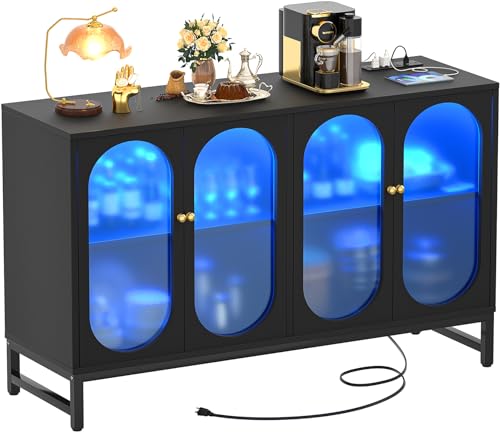 Aheaplus Sideboard Buffet Cabinet with Power Outlet, Kitchen Sideboard Storage Cabinet with LED Light, 4 Doors, Modern Accent Cabinet Coffee Bar Cabinet Console Table for Kitchen Dining Room, Black Aheaplus