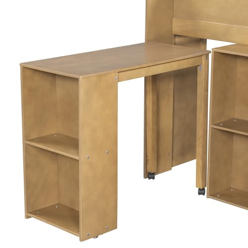 SOFTSEA Full Size Low Loft Bed with Desk & Storage, Solid Wood Kids Loft Bed with Portable Desk, Storage Bookshelves & LED Lights for Kids Juniors Boys Girls, Walnut SOFTSEA