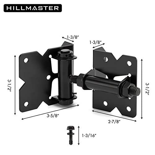 2 Pack Self Closing Gate Hinges for Wooden Fences Heavy Duty Solid Vinyl Fence Gate Closer Hinges with 22 Screws Swing Adjuster Tool 90 Degree Tension Boerboel Gate Hardware Kit Black Finish HILLMASTER
