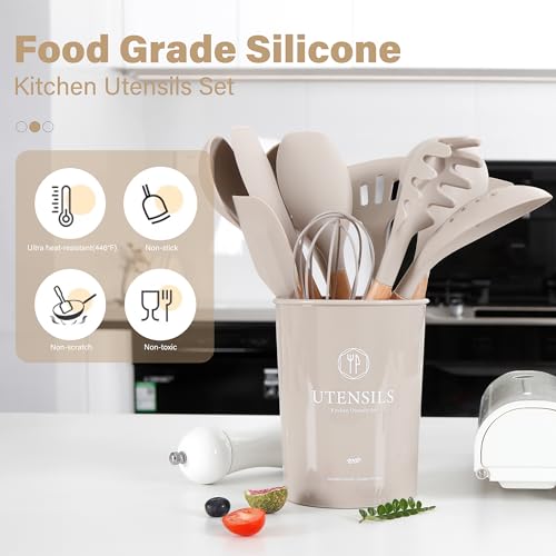 NCUE Kitchen Utensils Set with Holder, 26 pcs BPA Free Non-stick, Wooden Handle Heat Resistance Silicone Spatula Spoon Kitchen Gadgets Cooking Utensils Set (Khaki) NCUE