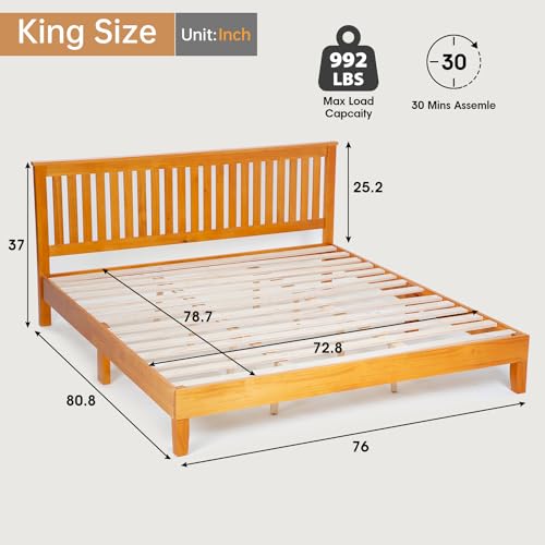 PayLessHere Solid Wood Platform Bed Frame with Headboard - King Size, Brown, No Box Spring Required - WoodArtSupply