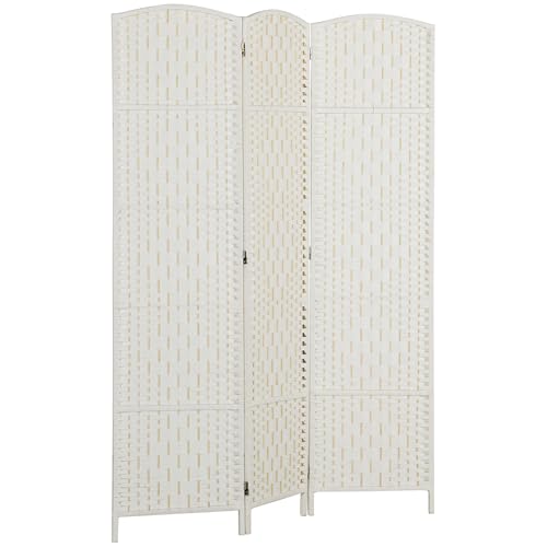 HOMCOM Room Divider, 3 Panel Folding Privacy Screen, 6FT Tall Portable Wicker Weave Partition Wall Divider for Bedroom, Home Office, White HOMCOM