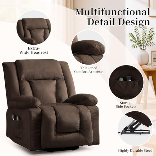 Korser Power Lift Recliner Chair for Elderly with Massage and Heat, Oversized Electric Recliner with Side Pockets, Living Room, Waffle, Brown