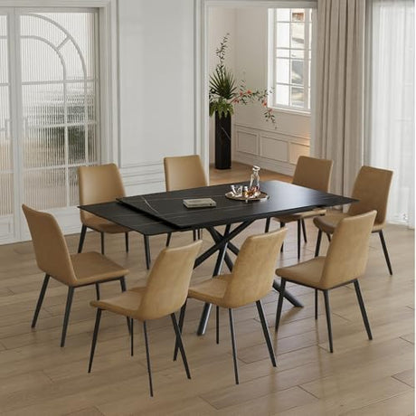 Runboll Extendable Rectangular Dining Table Set for 8, 47"-71" Modern Sintered Stone Kitchen Table with 8 Chairs and Carbon Steel Legs for Dining Room Family Gathering Runboll