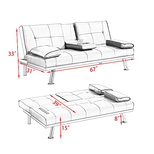 KEIKI 67" Leather Folding Futon Sofa w/Cup Holder & Adjustable Backrest, Mid Century Modern Couch Loveseat Convertible to Sleeper Bed, Comfy Cloud Couch SofaBed for Living Room & Bedroom, Red KEIKI