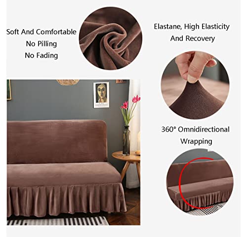 YOPOIY Armless Futon Cover with Skirt Ruffled Stretch Sofa Bed Cover Thick Soft Cozy Velvet Fabric Form Fitted Stay in Place Stain Resistant -Olive green-180-200cm YOPOIY