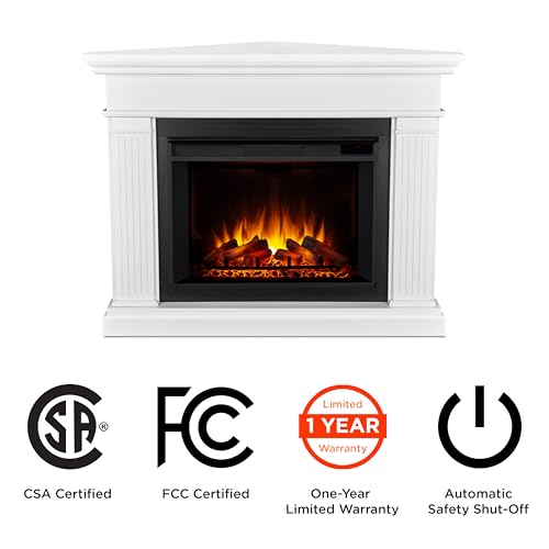 Real Flame Kennedy Grand Corner Electric Fireplace with Mantel for Living Room or Bedroom, Replaceable Fireplace Insert Heater, Realistic Log and Flame Effect, Remote Control, Timer, White Real Flame