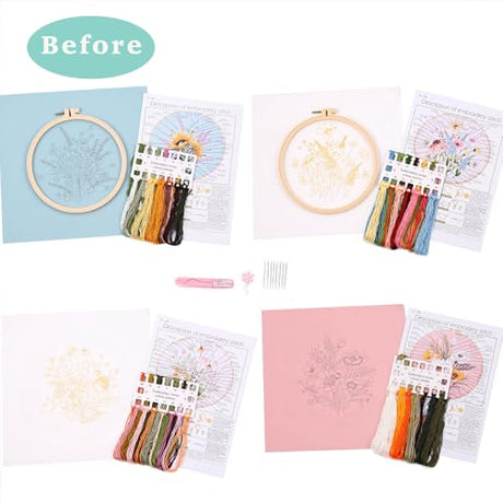 4Pcs Embroidery kits for beginners, Including Printed Embroidery Cloth with flower Patterns, 2 Plastic Embroidery Rings, 1 Pair of Scissors, Colored Threads, Needles and an Embroidery Instructions REEWISLY