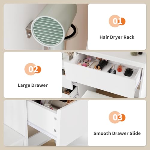 Loumernhant Vanity Set with Mirror and Adjustable Lights, Makeup Vanity Table with Built-in Charging Station, Vanity Desk with 4 Drawers, 4 Shelves, Vanity Bench for Bedroom-White Loumernhant