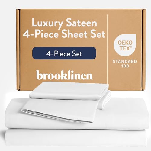 Brooklinen Luxury Sateen 4 Piece Sheet Set - 100% Cotton Bed Sheets, Soft & Durable Full Size Sheets Set in White, Oeko-TEX Certified Bedding Set - 1 Fitted Sheet, 1 Flat Sheet, 2 Pillowcases Brooklinen