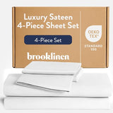 Brooklinen Luxury Sateen 4 Piece Sheet Set - 100% Cotton Bed Sheets, Soft & Durable Full Size Sheets Set in White, Oeko-TEX Certified Bedding Set - 1 Fitted Sheet, 1 Flat Sheet, 2 Pillowcases Brooklinen