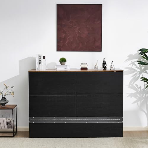VINGLI Full Size Murphy Bed with Storage Drawer,Smart LED Lighting,Built-in 2 Charging Stations, Space-Saving Cabinet Bed for Kids,Adults & Guests,Classic Black VINGLI