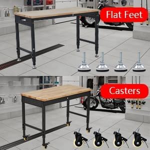 Adjustable Height Workbench 60" x 22" Worktable - Heavy Duty Rubber Wood Top, Mobile Workstation with Power Outlets & Wheels, 2000 Lbs Load Capacity - Ideal for Garage & Workshop, Hardwood Workbench Acekool