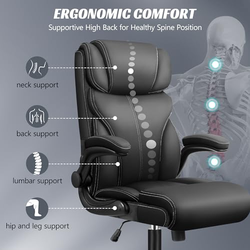 HeroSet Office Chair, Ergonomic Big and Tall Computer Desk Chairs, Executive Breathable Leather Chair with Adjustable Flip-up Armrests, Lumbar Support Swivel PC Chair with Rocking Function HeroSet