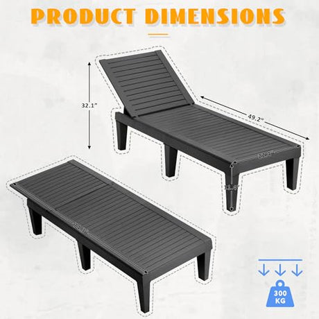 NBYSGO Outdoor Lounge Chairs Set of 2, 5-Position Adjustable Tanning Chairs with Wood Grain, All-Weather Resin Patio Recliners for Pool, Garden, Deck, Beach, Patio Lounge Chairs, Texture Black NBYSGO