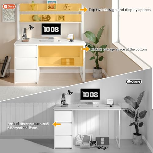 MaverickFurni 60 Inch Computer Desk with Shelves & Hutch, Home Office Desk with 3 Storage Drawers for Bedroom Work, Study Writing Table for Small Spaces, Adjustable feet, White MaverickFurni