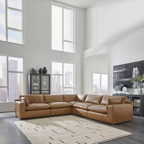 Signature Design by Ashley Emilia Modern Modular Leather Match 5-Piece Sectional with Loose Back Cushions and 2 Bolster Pillows, Light Brown Signature Design by Ashley