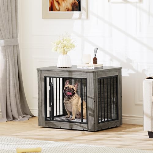 YITAHOME Dog Crate Furniture for Medium Dogs, Side End Table, Modern Dogs Kennel Indoor up to 35 lb, 2-in-1 Iron-Wood Fusion Dog Cage with Waterproof Top, Safety Corners,Steel Lock,30" L,Grei - WoodArtSupply