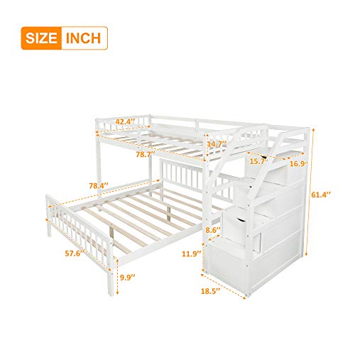 MERITLINE Twin Over Full L Shaped Bunk Beds with Stairs and Storage, Solid Wood Convertible Bunk Loft Beds with Storage Staircase and Guardrail, No Box Spring Needed (Twin Over Full,White) MERITLINE