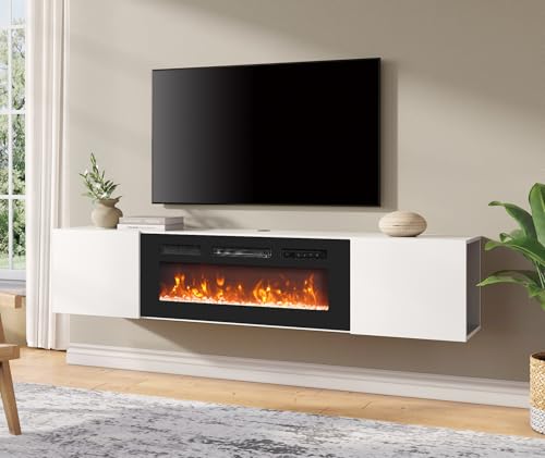 WAMPAT Modern Floating TV Stand with Electric Fireplace, Media Console for TVs up to 80", Wooden Entertainment Center with 36" Fireplace, TV Shelf Cabinet for Living Room or Bedroom, Yellow Light WAMPAT