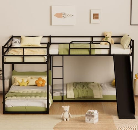 Ball & Cast L-Shaped Bunk Bed with Slide and Short Ladder,Metal Corner Bed Frame w/Full Length Guardrail,Heavy-Duty 4 Bunkbed or Apartment,Bedroom,Guest Room,Black Ball & Cast