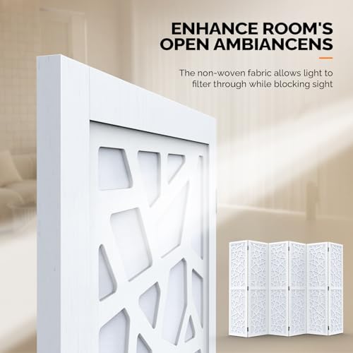 VINGLI 70'' H Room Divider, Non-Woven Fabric Privacy Screen, Indoor Partition Wall Dividers, Freestanding Hinged Space Separator with Modern Unique Pattern (White, 6 Panel) VINGLI