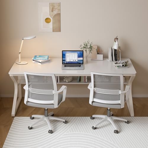 OSCHF Extra Long Desk with Bookshelf - 63" Double Long Writing Table for 2-Person Workstation, Modern Study Work Computer Desk for Home and Office, Warm White OSCHF
