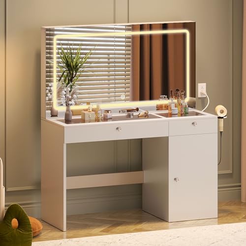 DWVO 47" W Vanity Desk with LED Light and Power Outlets, Large Makeup Vanity with Dividers and Hair Dryer Rack, 3 Level Storage Dresser Makeup Vanities Dressing Table for Bedroom, White - WoodArtSupply