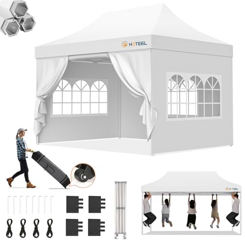 Hoteel 10x15 Pop Up Canopy Tent Heavy Duty with 4 Sidewalls, Waterproof Party Tent, Easy Set-up Commercial Instant Tents with Roller Bag & Sandbags, Hexagonal Leg (1-Year Warranty) Hoteel