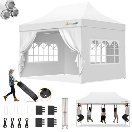 Hoteel 10x15 Pop Up Canopy Tent Heavy Duty with 4 Sidewalls, Waterproof Party Tent, Easy Set-up Commercial Instant Tents with Roller Bag & Sandbags, Hexagonal Leg (1-Year Warranty) Hoteel