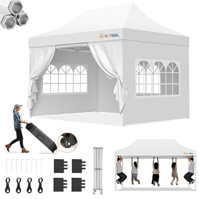 Hoteel 10x15 Pop Up Canopy Tent Heavy Duty with 4 Sidewalls, Waterproof Party Tent, Easy Set-up Commercial Instant Tents with Roller Bag & Sandbags, Hexagonal Leg (1-Year Warranty)