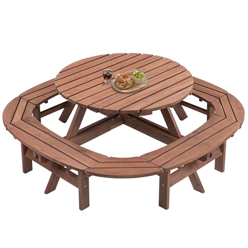 RocVanc 8-12 Person Outdoor Round Wooden Picnic Table with 8 Built-in Benches, Umbrella Hole, Lifetime Outside Table and Bench Set for Garden, Backyard, Porch, Patio and Deck RocVanc