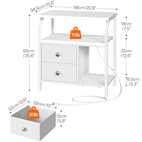 HOOBRO 23 inch Wide Nightstand with Charging Station and LED Light, Night Stand with 2 Fabric Drawers, Bedside Table, Dresser with Open Storage Shelf, End Side Table for Bedroom, White WT160UDBZ01 HOOBRO